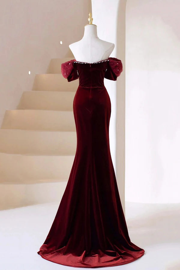Wholesale Burgundy Velvet Long Prom Dress Burgundy Off Shoulder Pearl Evening Dress
